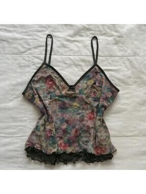 Y2K No Boundaries Dark Floral Mesh Cami Top Ruffle Hem Fairy Grunge Large
